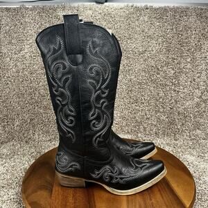 Rollda Boots Womens Size 8.5 Black Tall Western Cowboy Embroidered Pull On